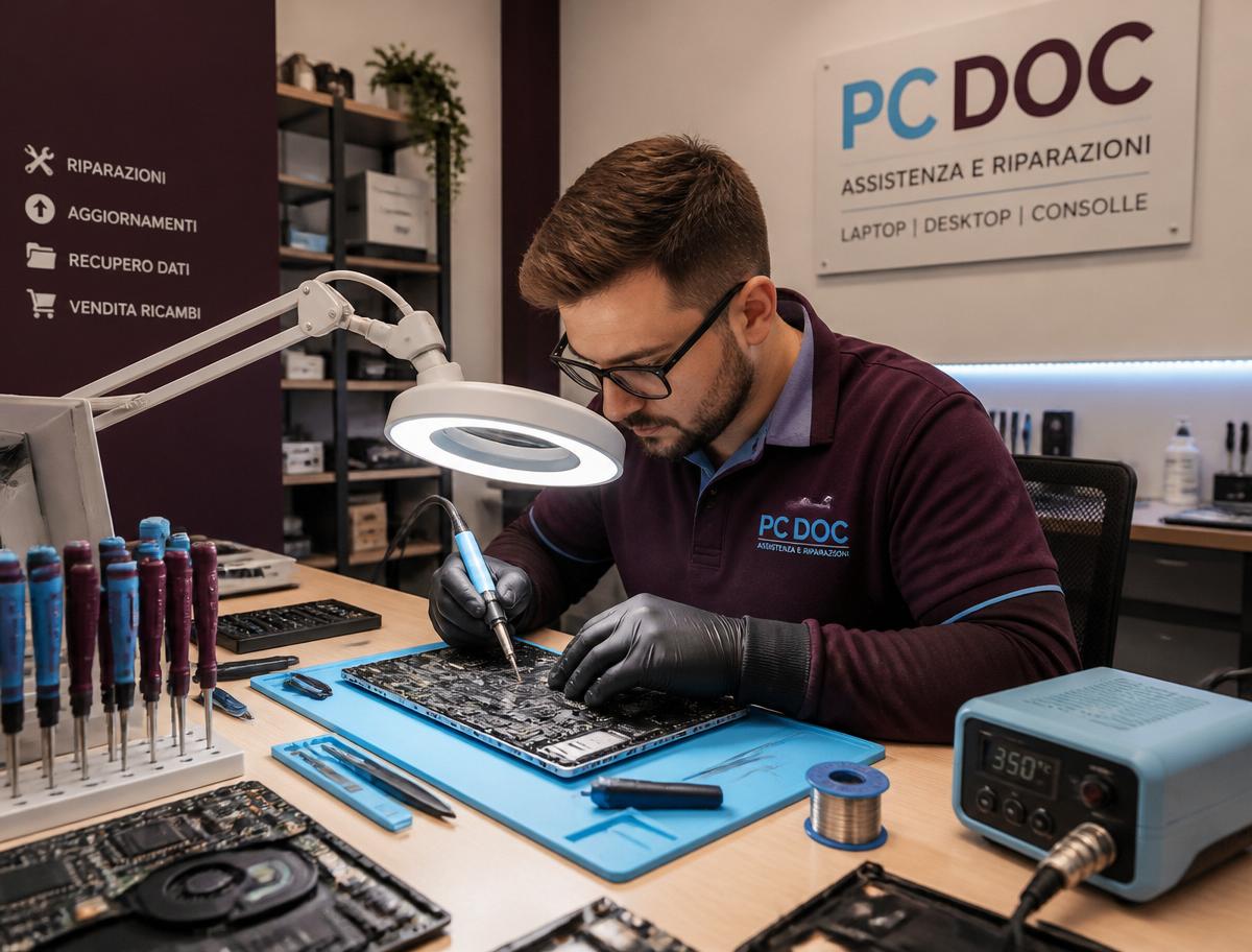 Tecnico al banco di lavoro mentre salda una scheda madre di un notebook con lente illuminata