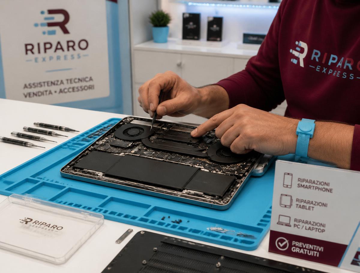 Notebook smontato su tappetino antistatico durante una riparazione della scheda madre