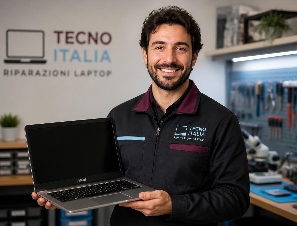 Tecnico sorridente che mostra un notebook riparato nel laboratorio